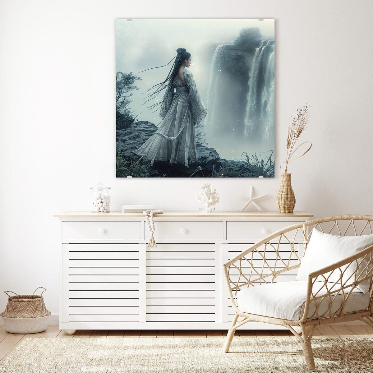 Echtglas, 4 mm – kein Acryl, keine Folie – Wandbild - Frau am Wasserfall - Quadratisch