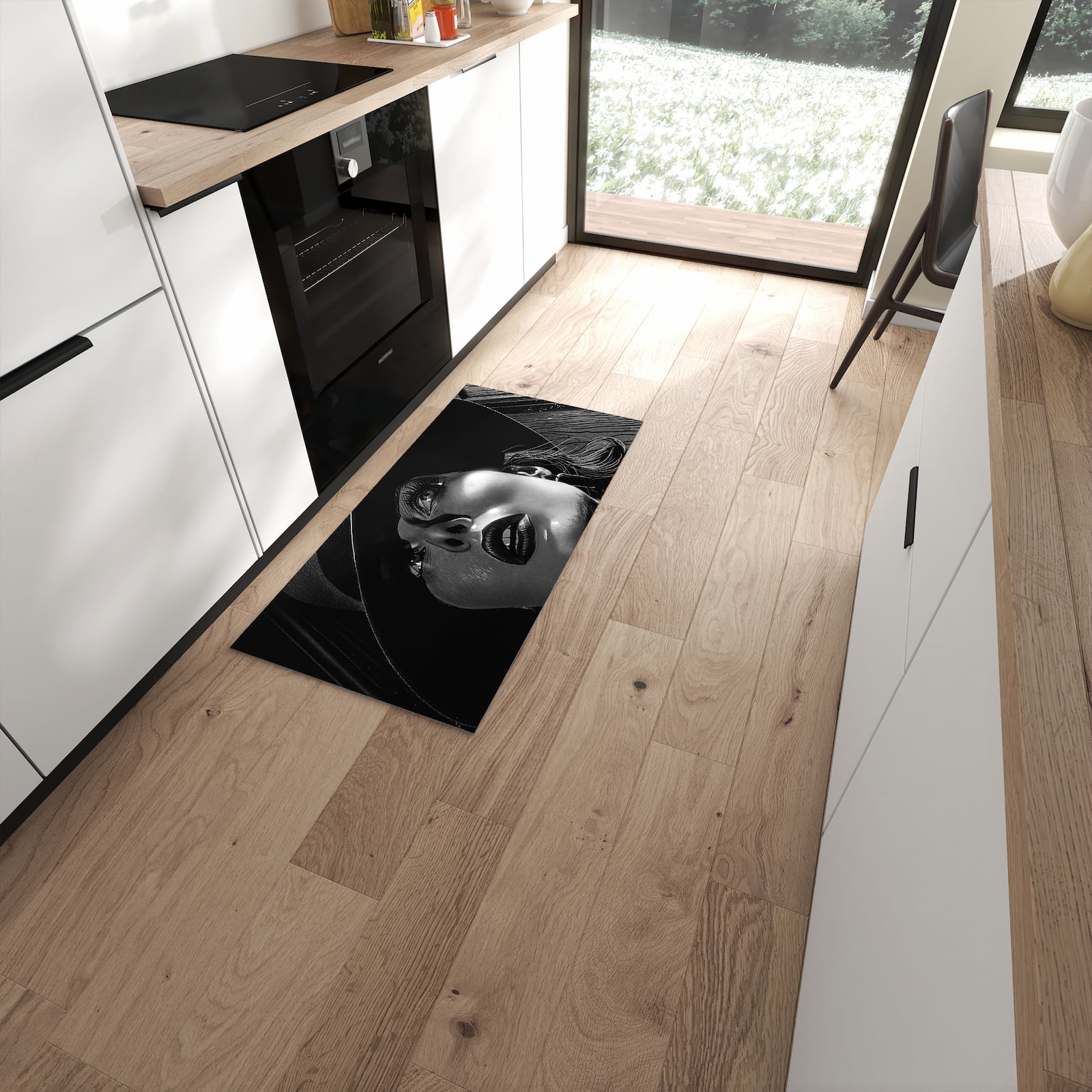 Pflegeleichter Küchenteppich mit Motiv Schattenporträt in moderner Küche #grösse_60 x 120 cm