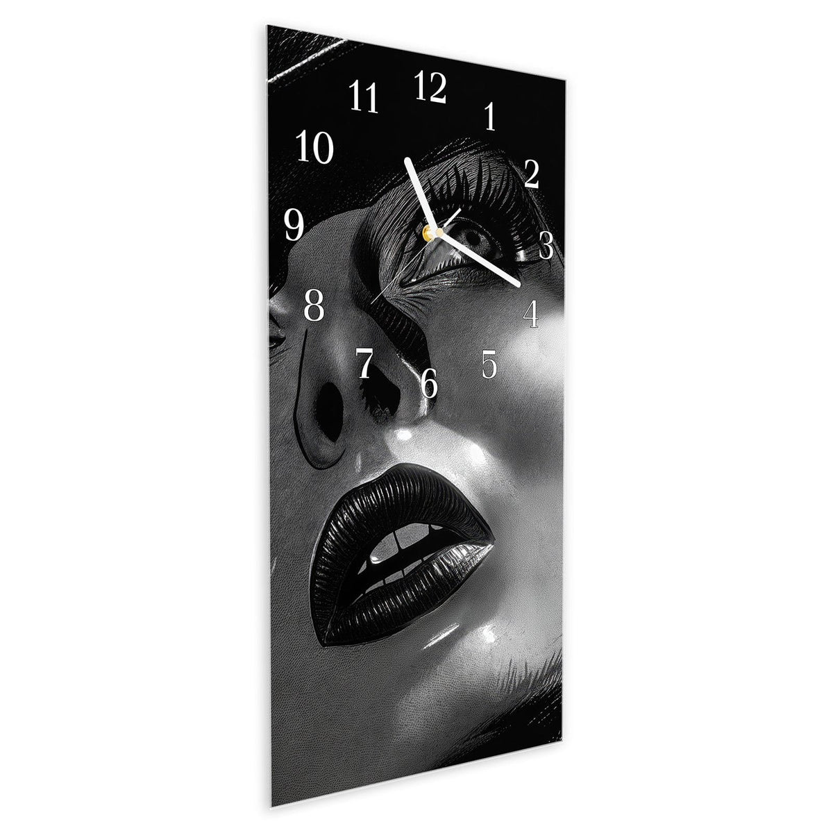 Vormontiert – mit Schwebeeffekt – Wanduhr Schattenporträt aus Glas – Hochformat 30 × 60 cm