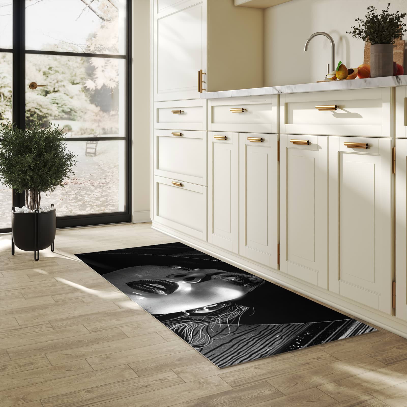 Fleckenresistenter langer Teppich mit Motiv Schattenporträt in heller Küche