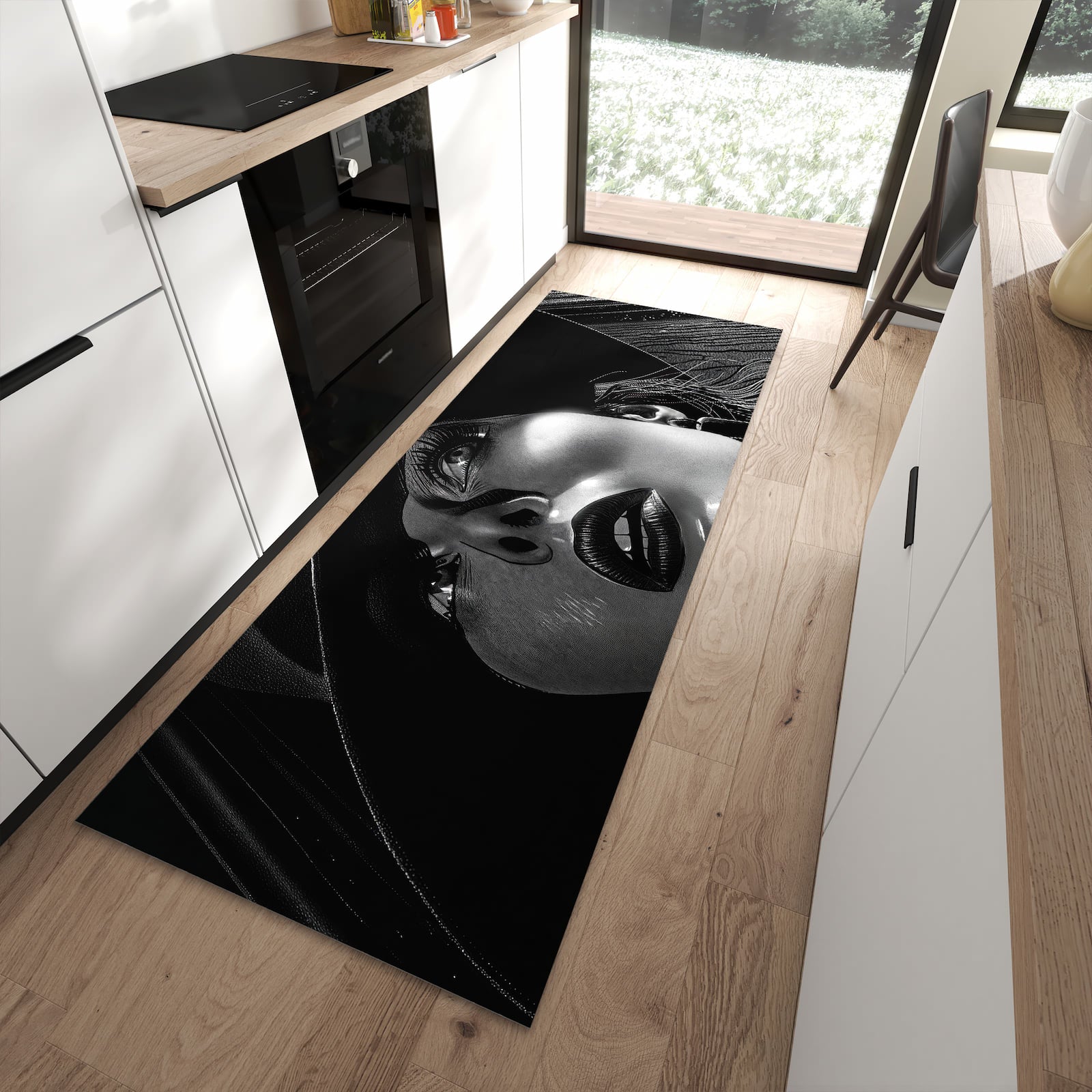 Formstabiler langer Teppich mit Motiv Schattenporträt in moderner Küche