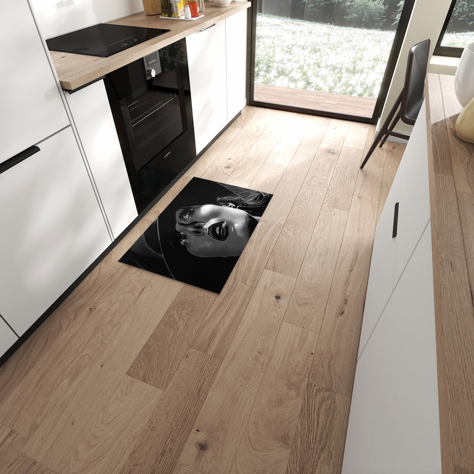 Rutschfester waschbarer Küchenteppich mit Motiv Schattenporträt in moderner Küche