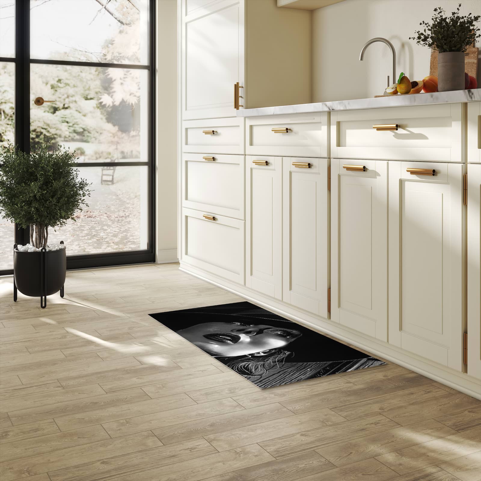 Küchenvorleger mit Motiv Schattenporträt in heller Küche für sichere Aufbewahrung