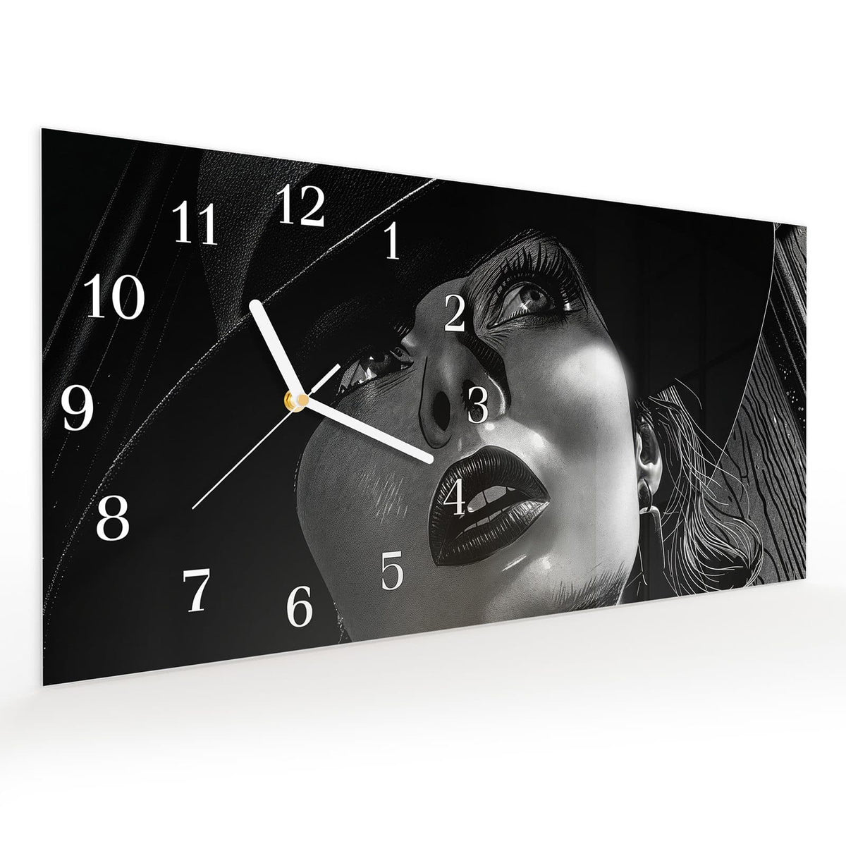 Vormontiert – mit Schwebeeffekt – Wanduhr Schattenporträt aus Glas – Querformat 60 × 30 cm