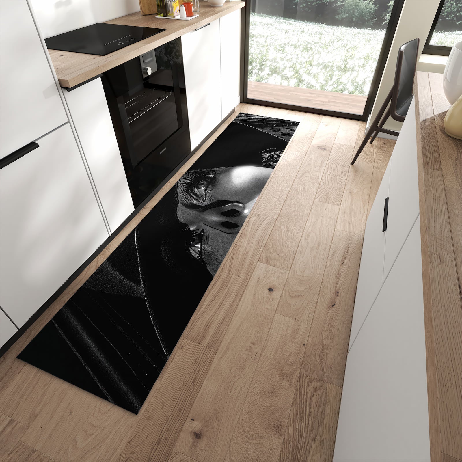 Waschbarer Küchenteppich mit Motiv Schattenporträt in moderner Küche