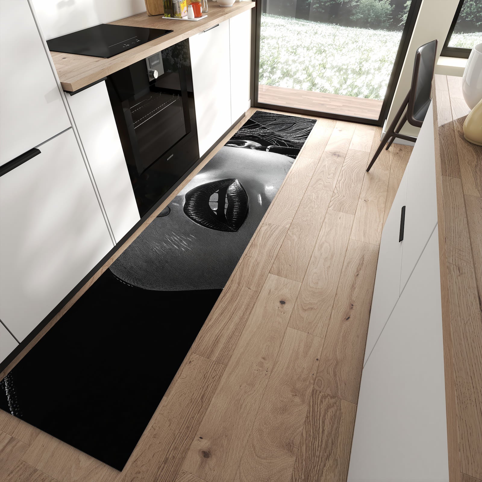 Langlebiger Küchenvorleger mit Motiv Schattenporträt in moderner Küche