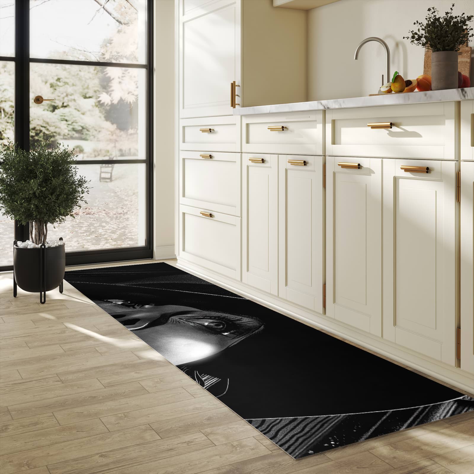 Langlebiger dünner Küchenteppich mit Motiv Schattenporträt in heller Küche