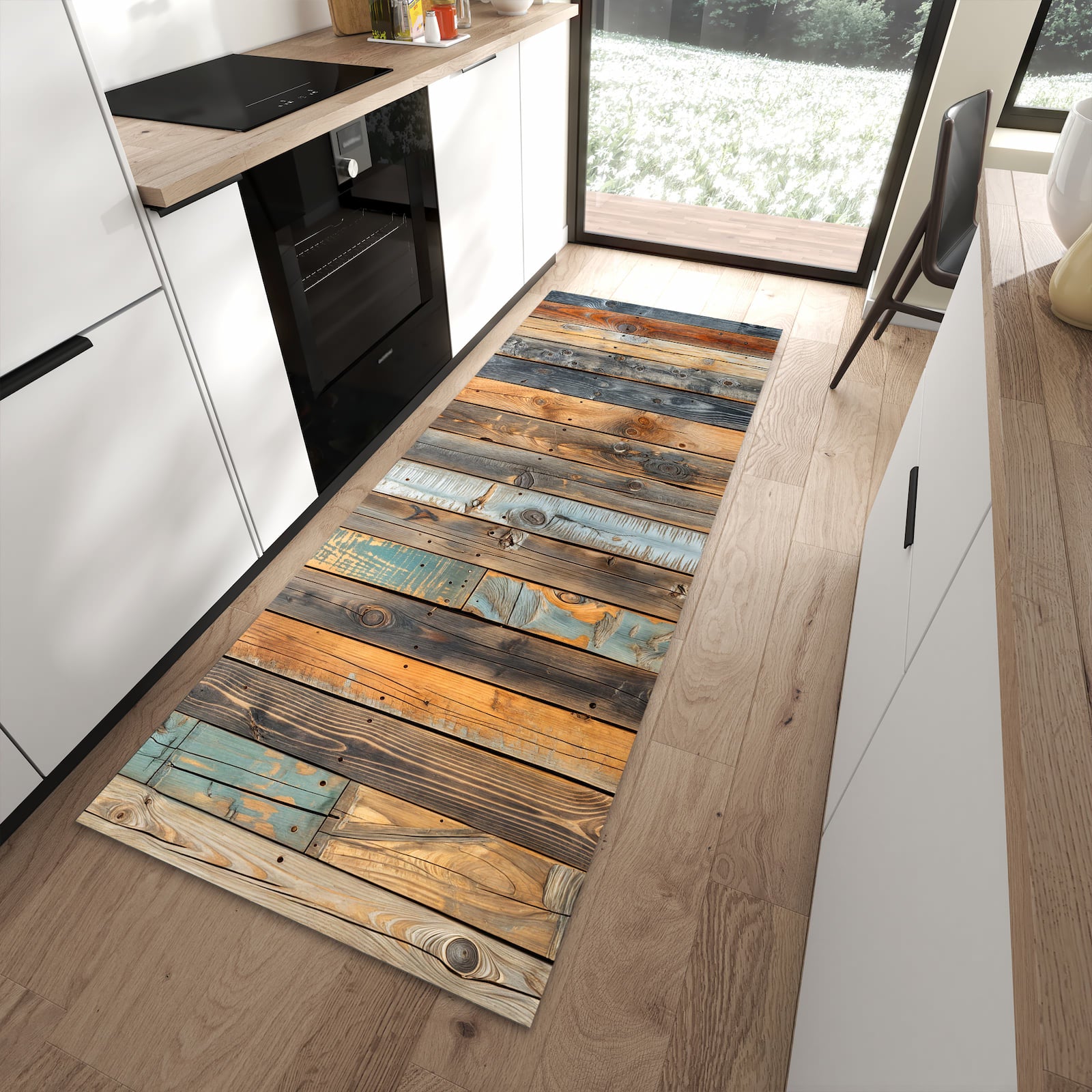 Rutschfester Küchenteppich mit Motiv Holzwandpaneele in moderner Küche