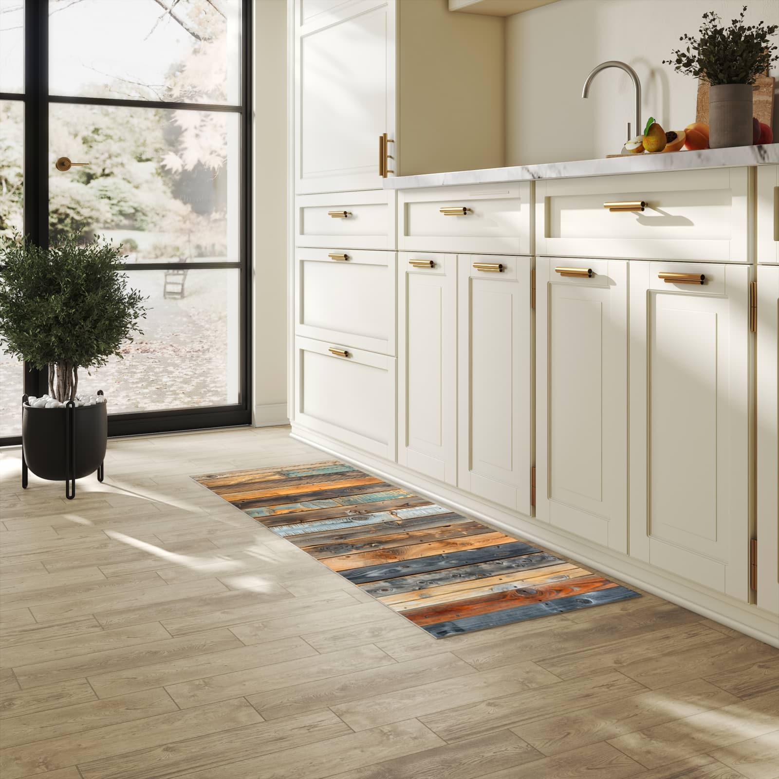 Hygienischer Küchenteppich mit Motiv Holzwandpaneele in heller Küche