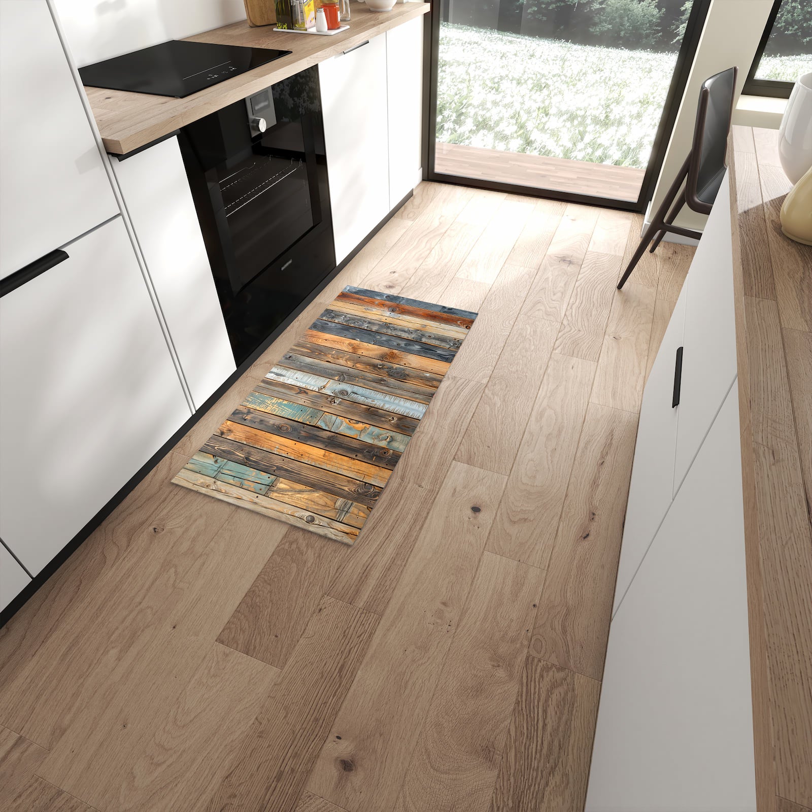 Geräuschdämpfender Küchenläufer mit Motiv Holzwandpaneele in moderner Küche #grösse_60 x 120 cm