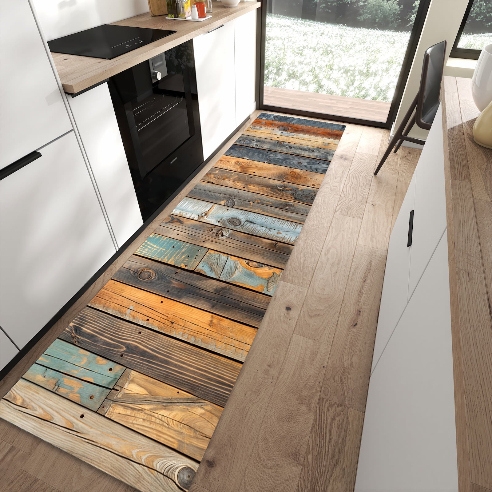 Pflegeleichter Teppich für die Küche mit Motiv Holzwandpaneele in moderner Küche