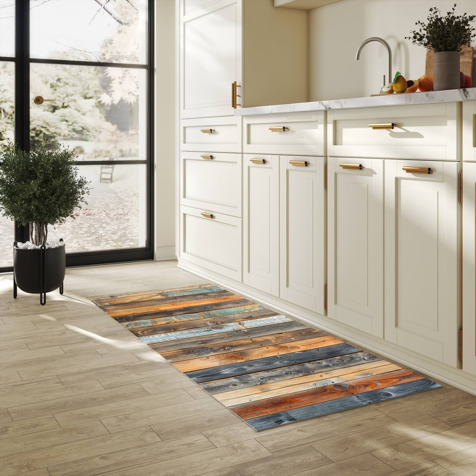 Feuchtigkeitsresistenter Küchenteppich mit Motiv Holzwandpaneele in heller Küche