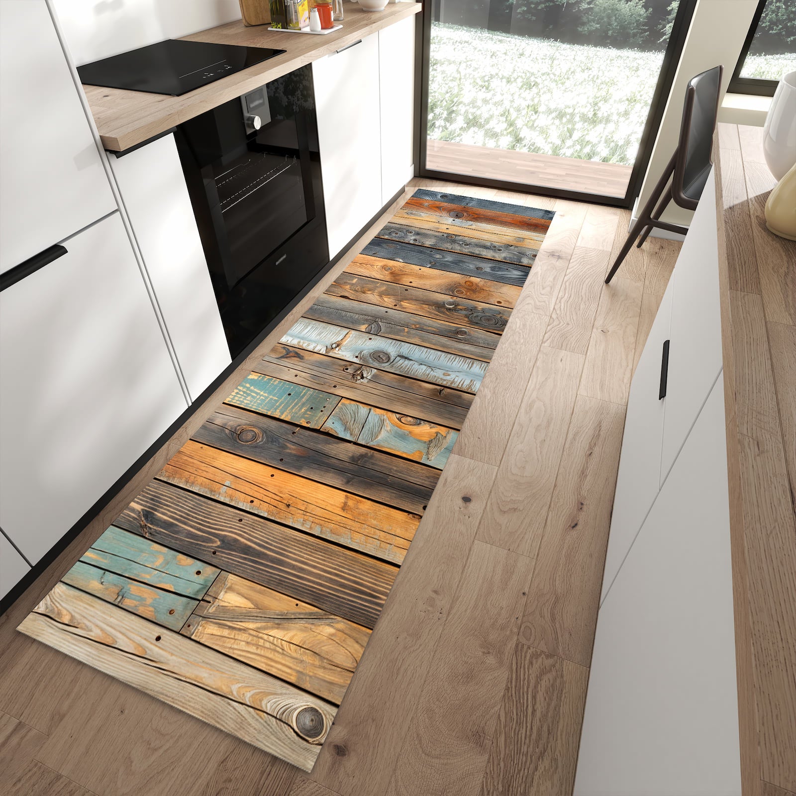 Flacher Küchenteppich mit Motiv Holzwandpaneele in moderner Küche
