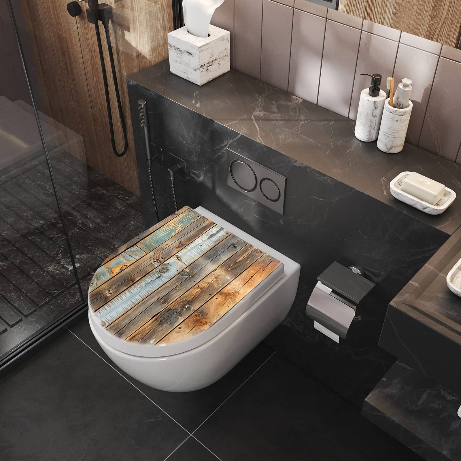 WC-Sitz mit Absenkautomatik Holzwandpaneele