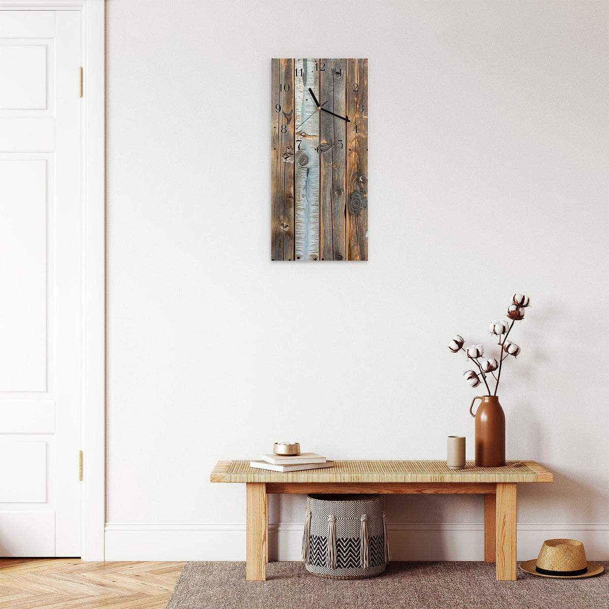 Moderne Wanduhr aus Glas mit Farbtiefe – Wanduhr Holzwandpaneele aus Glas – Hochformat 30 × 60 cm