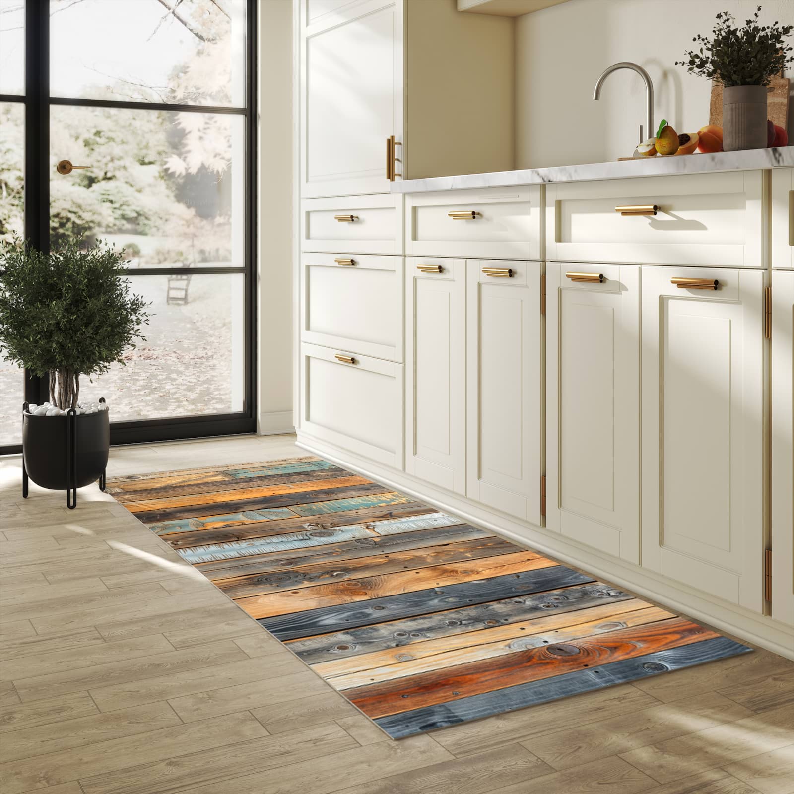 Formstabiler Küchenläufer mit Motiv Holzwandpaneele in heller Küche