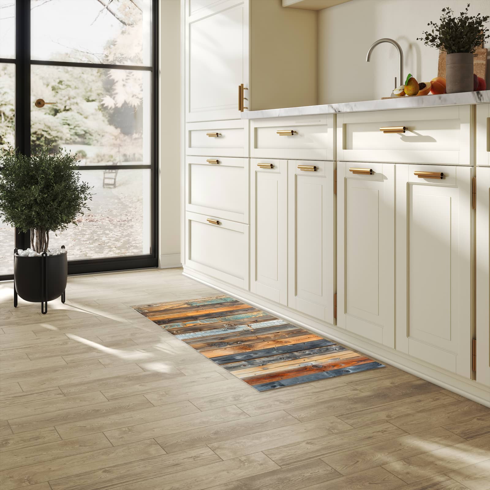 Komfortabler Küchenläufer mit Motiv Holzwandpaneele in heller Küche