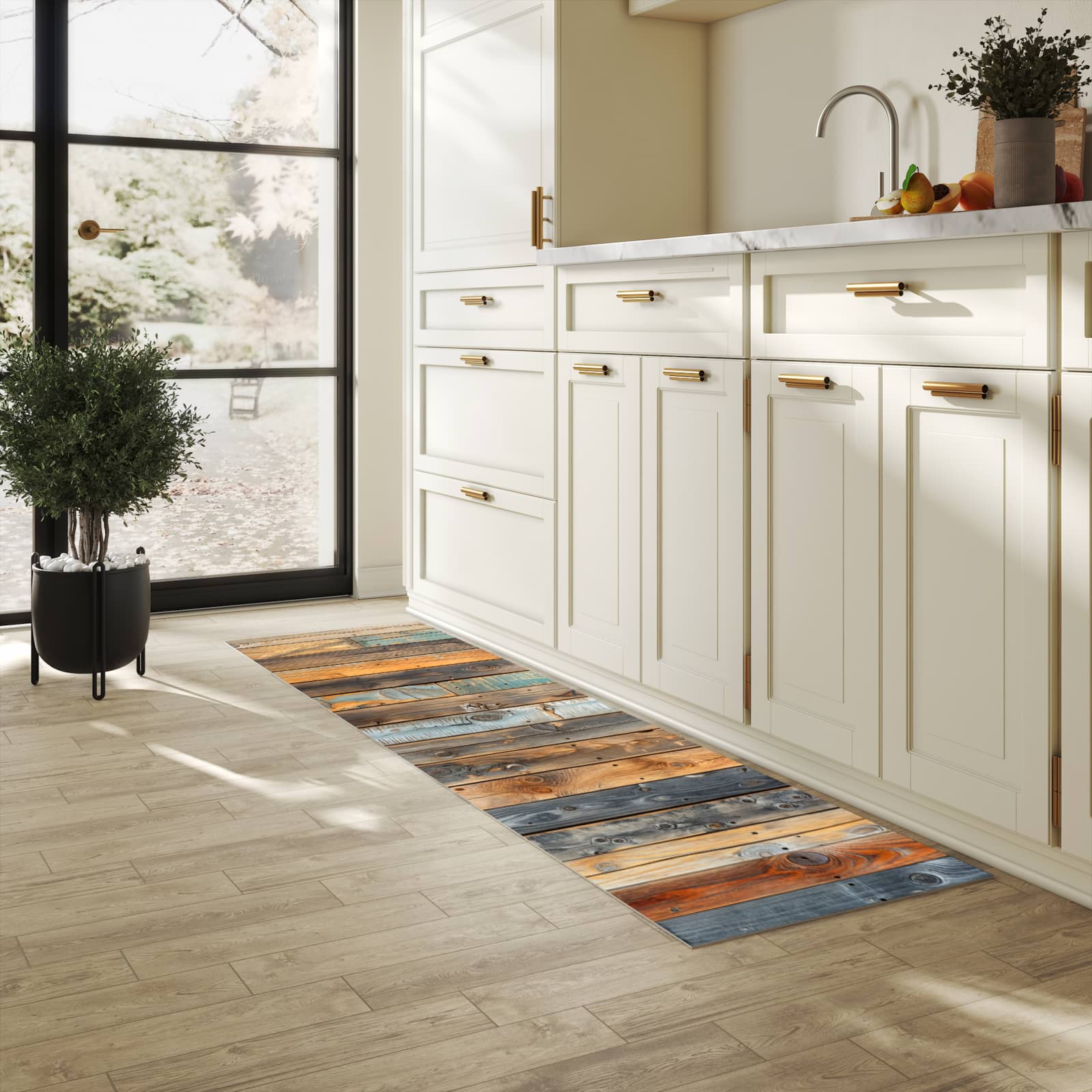 Strapazierfähiger Küchenteppich mit Motiv Holzwandpaneele in heller Küche