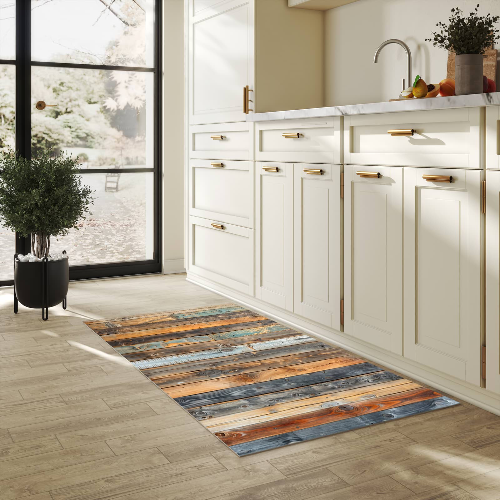 Farbbeständiger Küchenläufer mit Motiv Holzwandpaneele in heller Küche