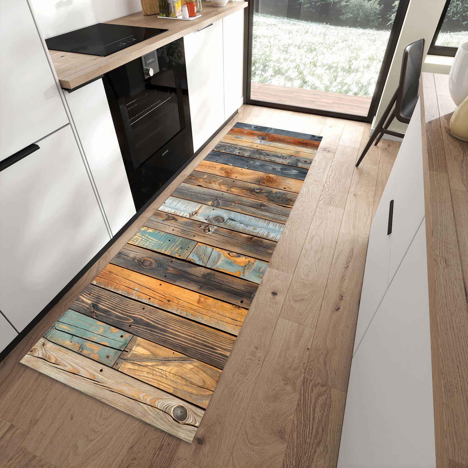 Langlebiger Küchenteppich mit Motiv Holzwandpaneele in moderner Küche