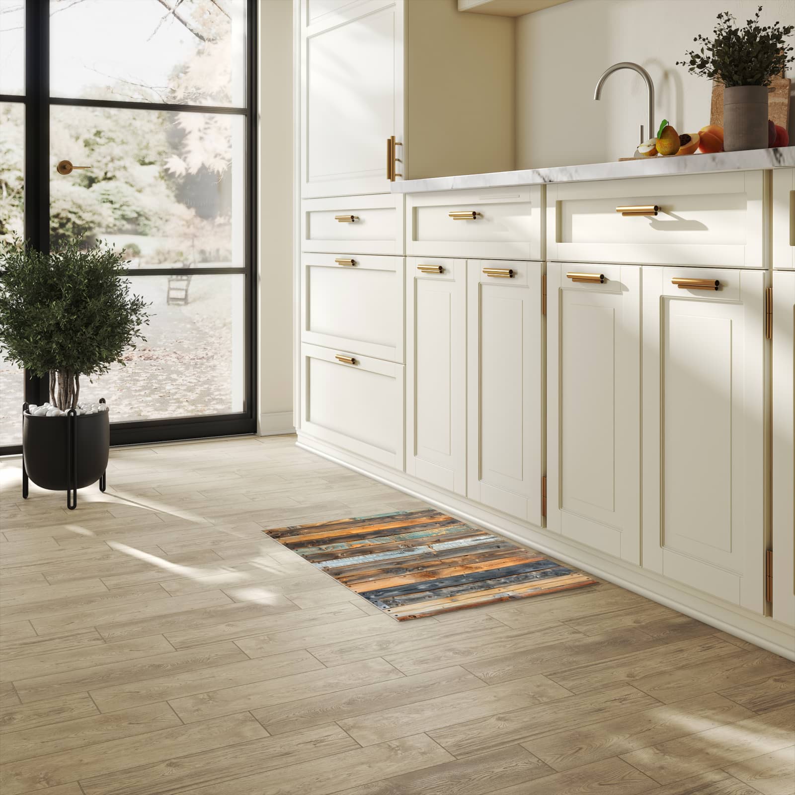 Rutschfester Küchenteppich mit Motiv Holzwandpaneele in heller Küche