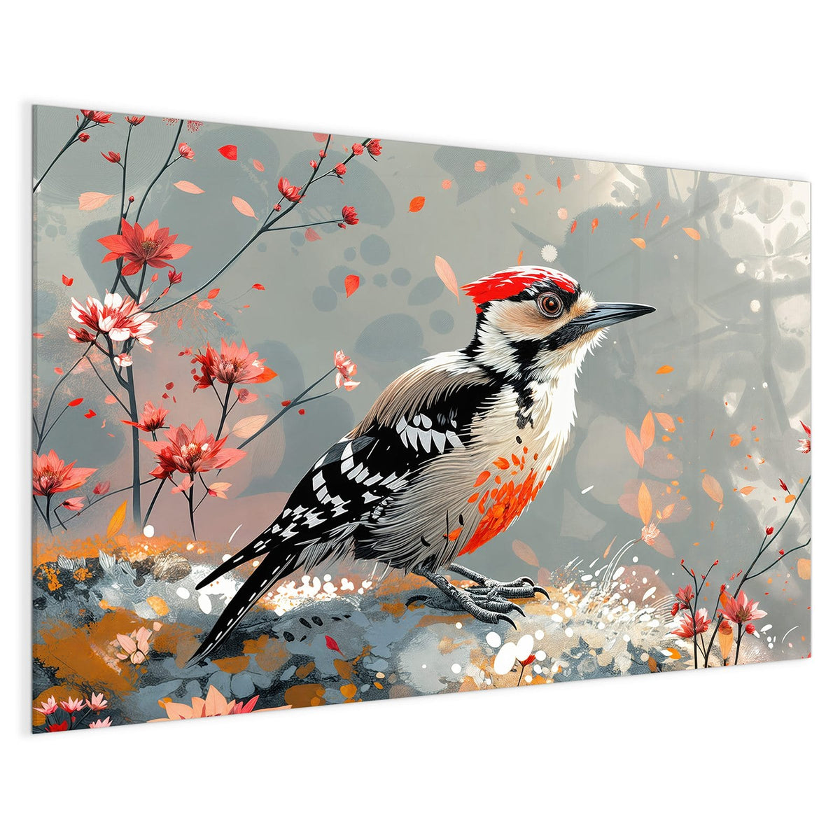 4 mm Glas statt lackiertem Blech – Magnettafel - Specht zwischen Blumen