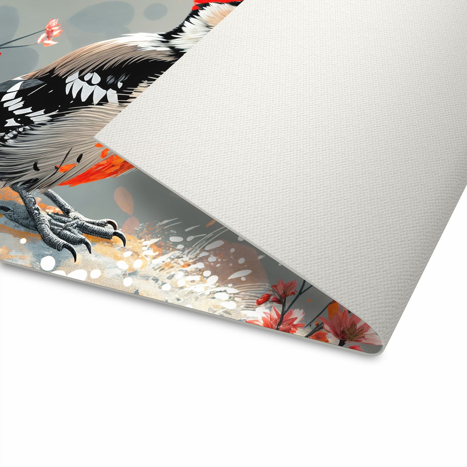 Langlebiger Küchenläufer mit Motiv Specht zwischen Blumen in moderner Küche