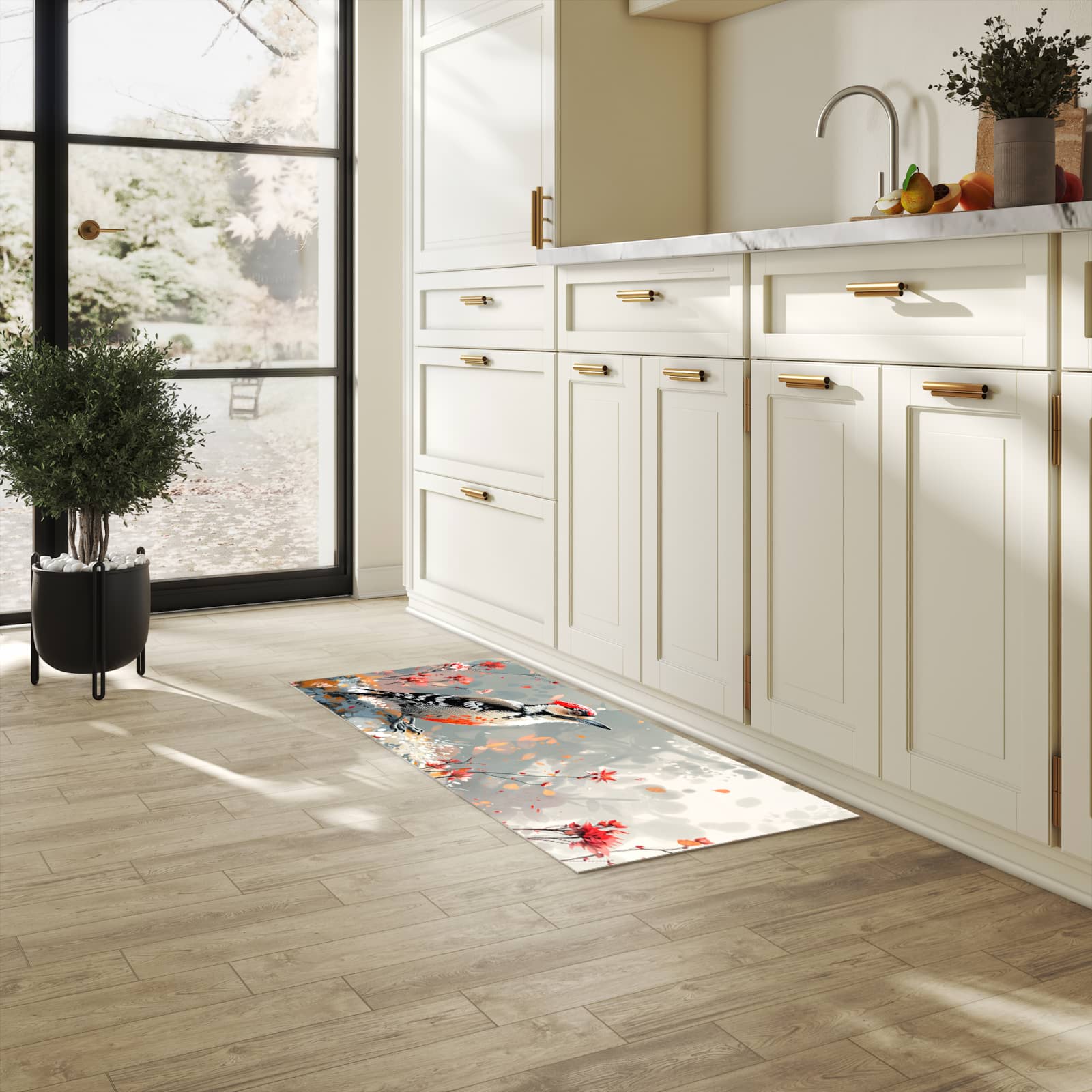Abriebfester Küchenläufer mit Motiv Specht zwischen Blumen in heller Küche