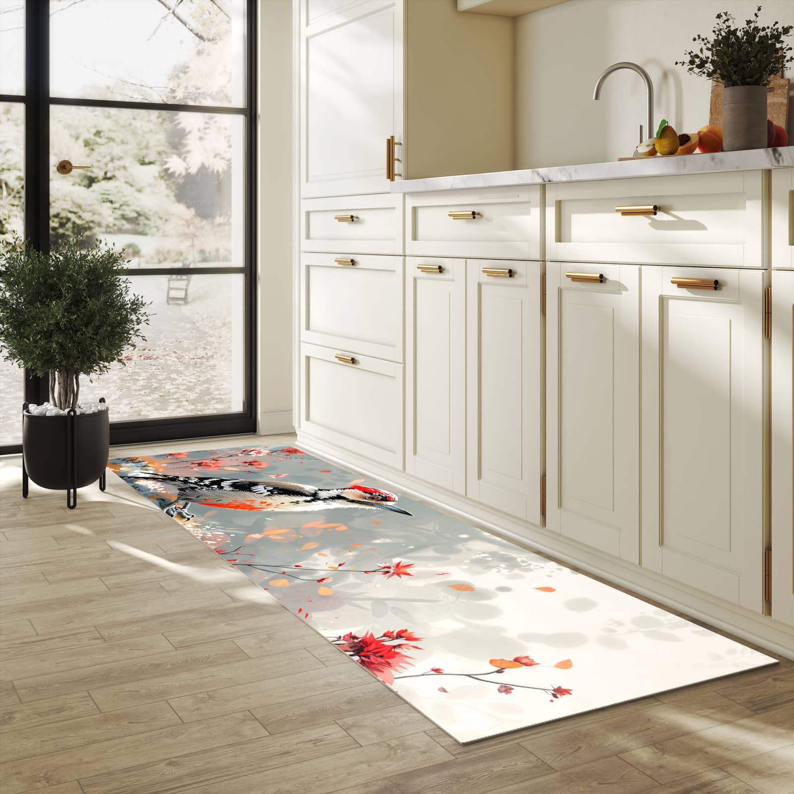 Flacher Küchenläufer nach Maß mit Motiv Specht zwischen Blumen in heller Küche