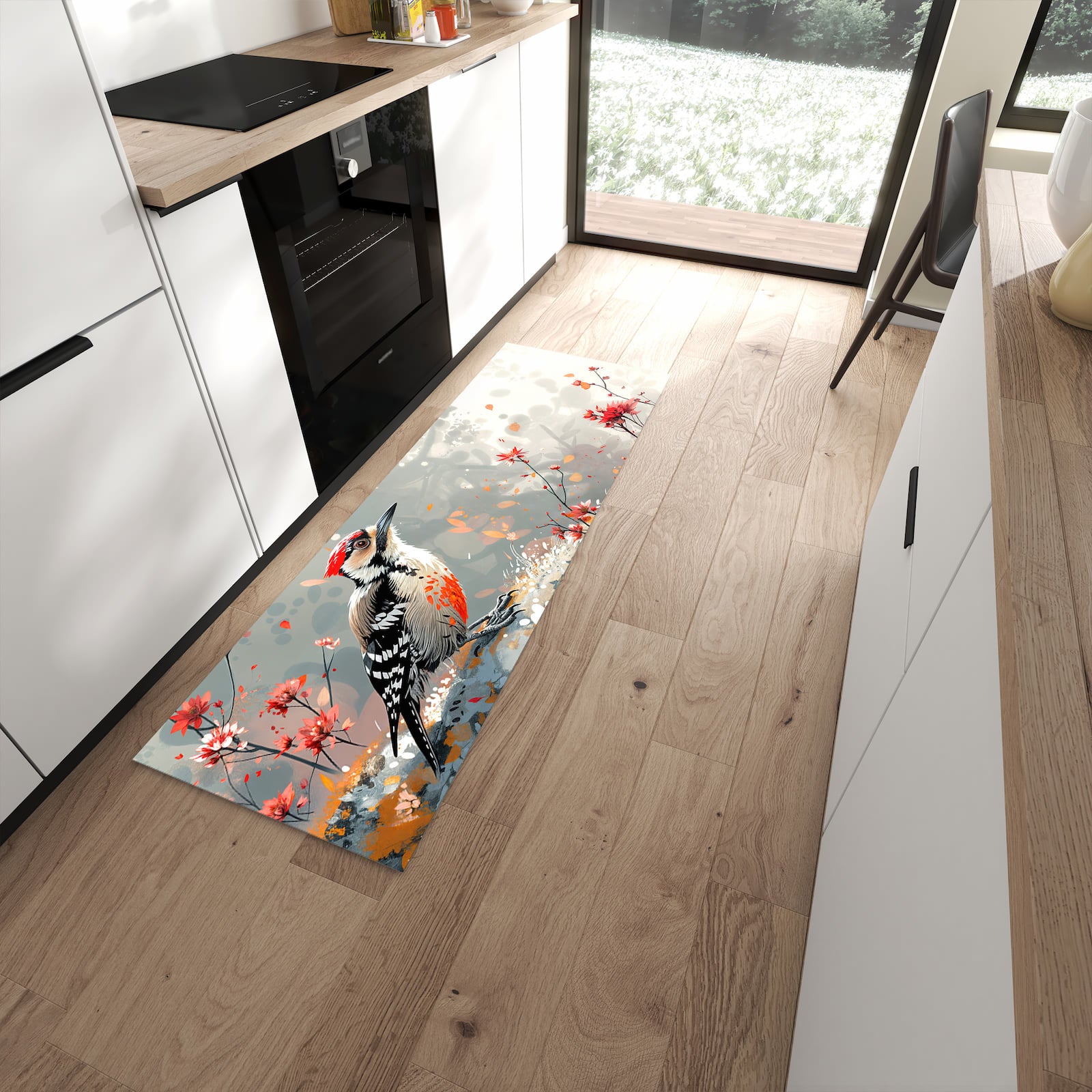 Waschbarer großer Küchenteppich mit Motiv Specht zwischen Blumen in moderner Küche