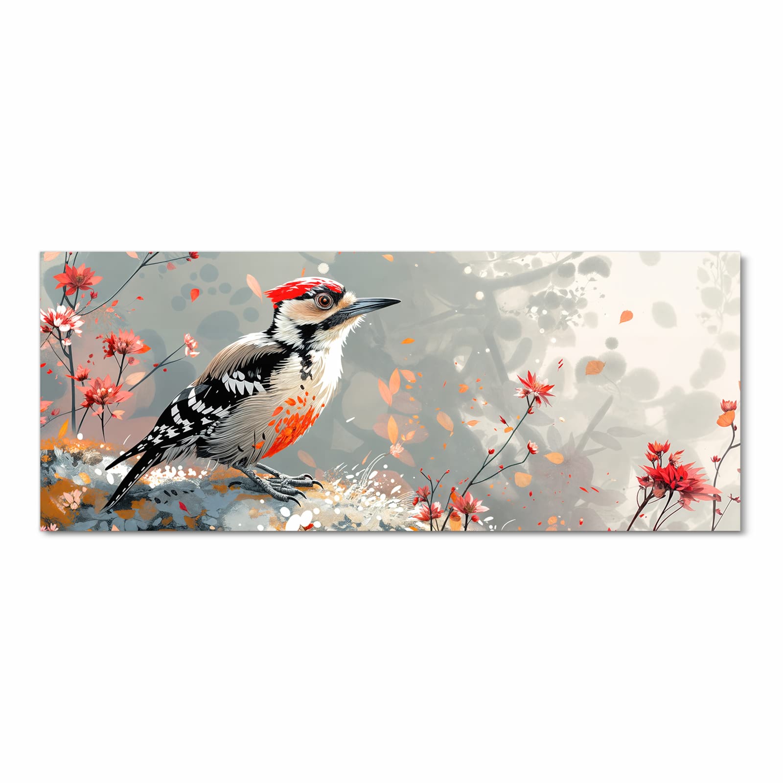 Küchenteppich mit Motiv Specht zwischen Blumen in Frontansicht für sicheres Aufbewahren