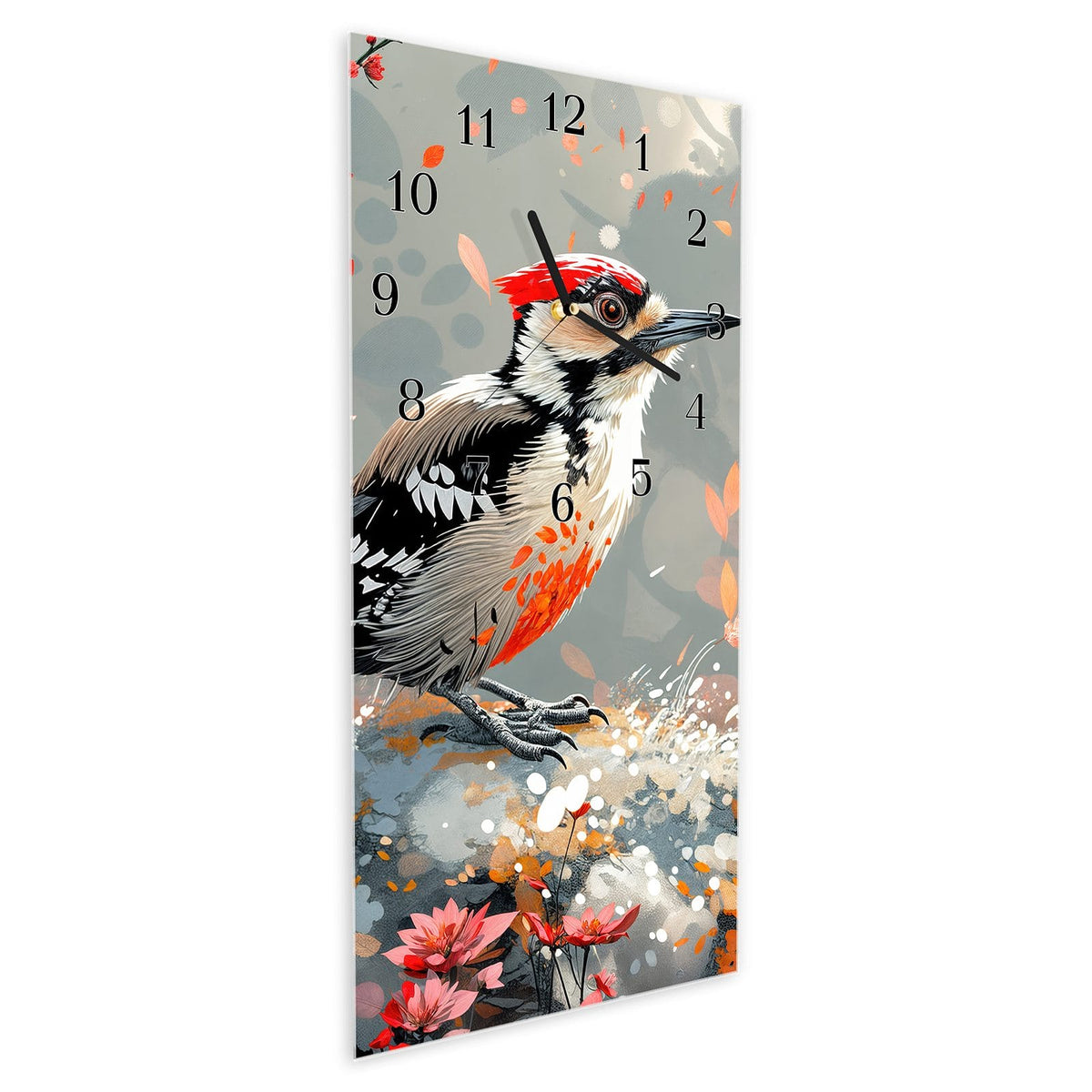 Vormontiert – mit Schwebeeffekt – Wanduhr Specht zwischen Blumen aus Glas – Hochformat 30 × 60 cm