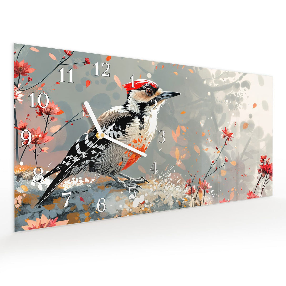 Vormontiert – mit Schwebeeffekt – Wanduhr Specht zwischen Blumen aus Glas – Querformat 60 × 30 cm