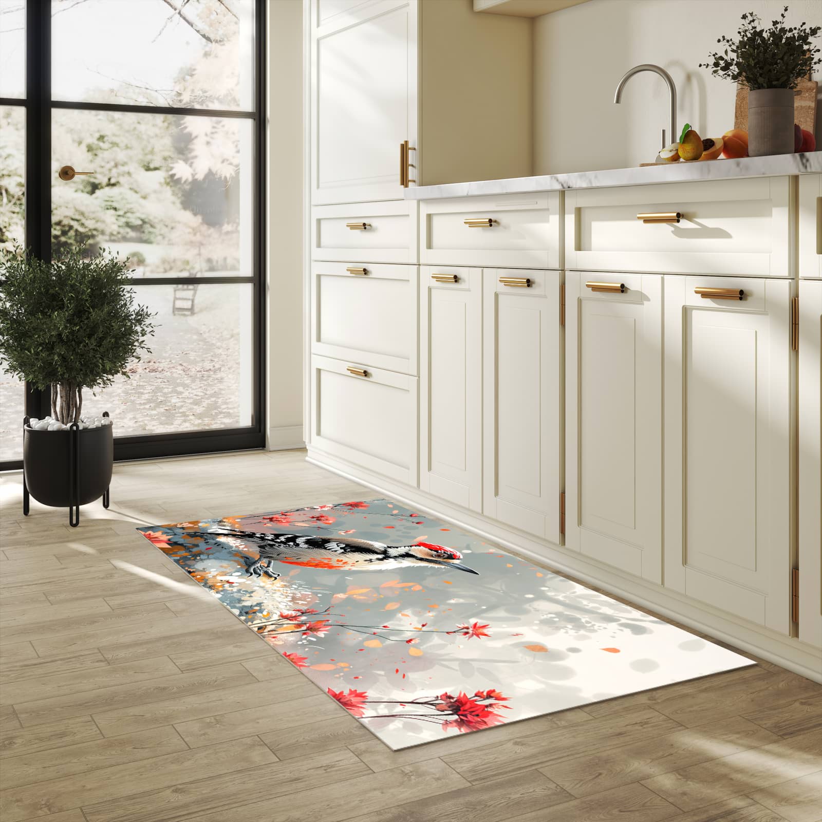 Komfortabler moderner Küchenläufer mit Motiv Specht zwischen Blumen in heller Küche