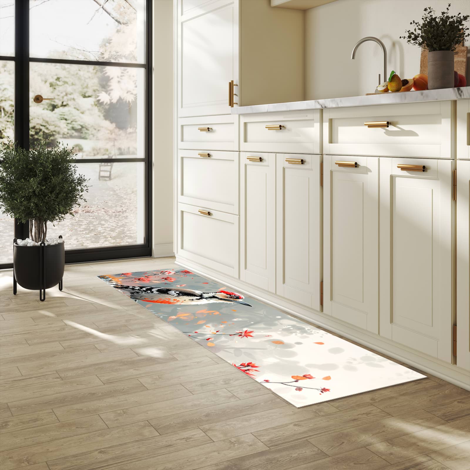 Rutschfester Küchenläufer mit Motiv Specht zwischen Blumen für Trittkomfort in heller Küche