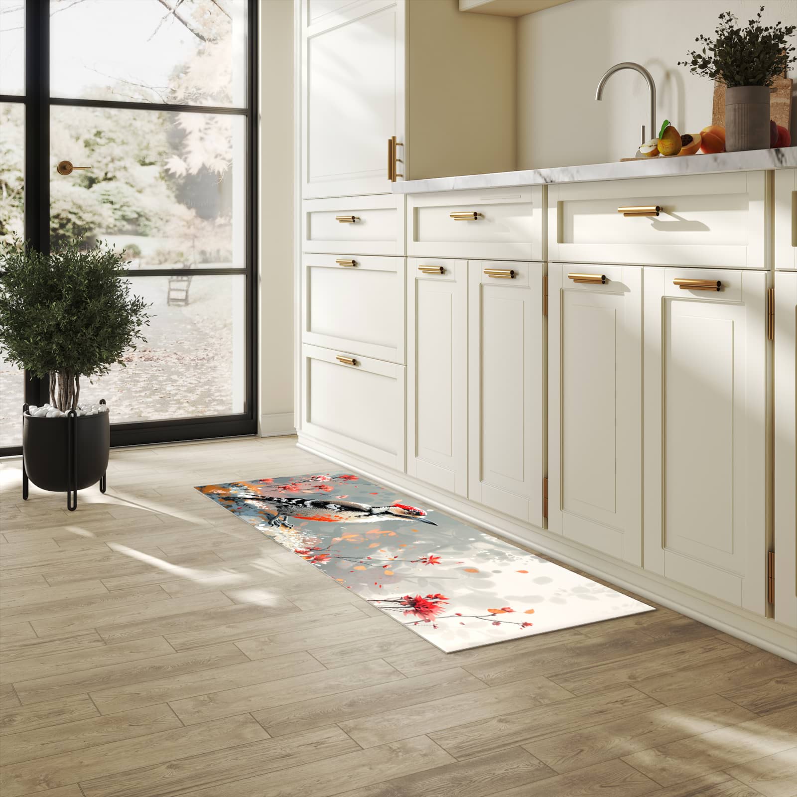 UV-beständiger Küchenläufer mit Motiv Specht zwischen Blumen in heller Küche