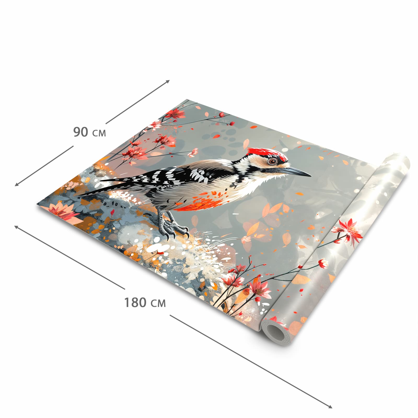 Komfortabler Küchenteppich mit Motiv Specht zwischen Blumen in der Grösse 60x90 cm