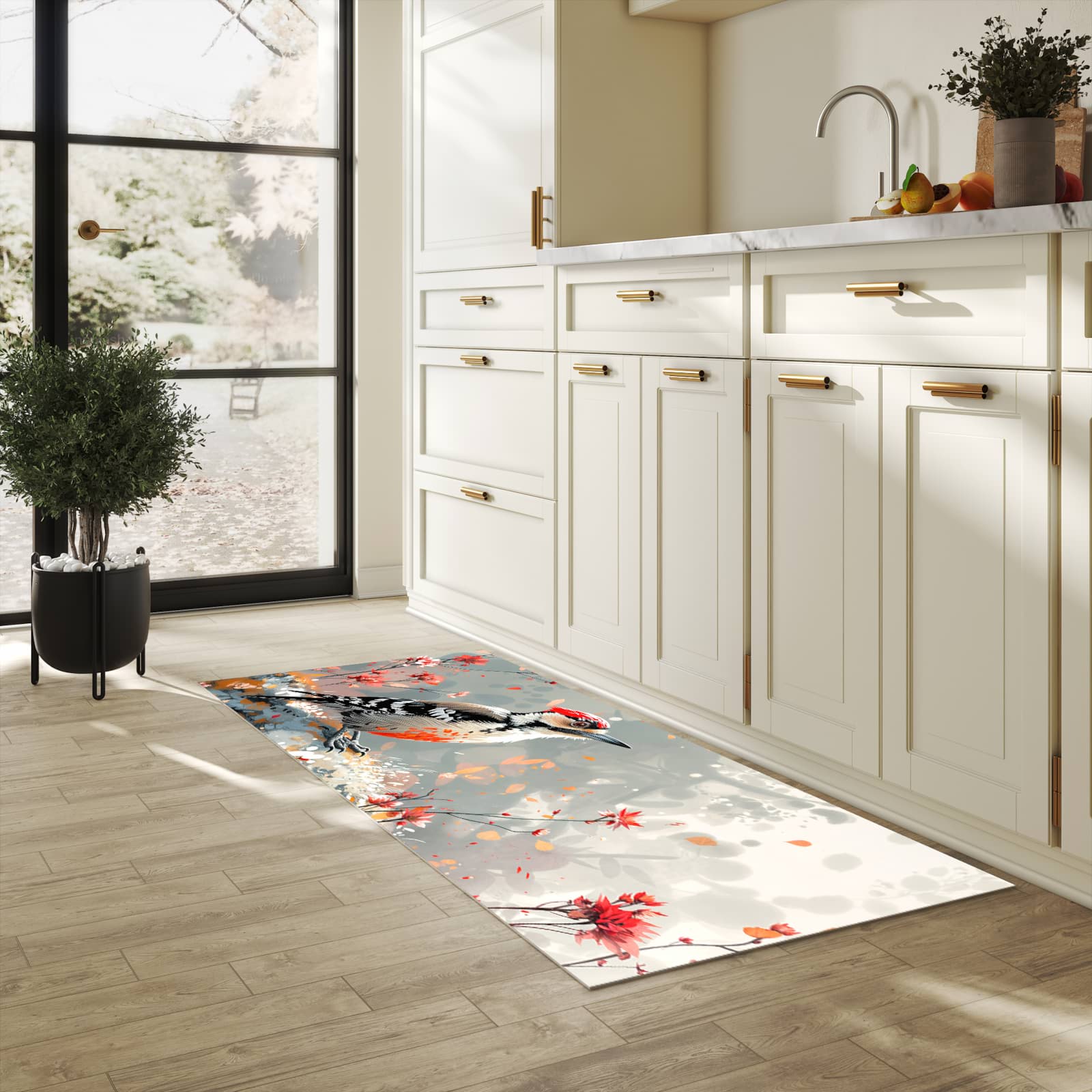 Geruchsneutraler rutschfester Küchenläufer mit Motiv Specht zwischen Blumen in heller Küche