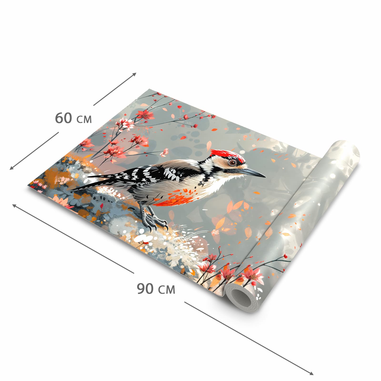 Küchenteppich mit Motiv Specht zwischen Blumen in der Grösse 60x90 cm für sichere Aufbewahrung