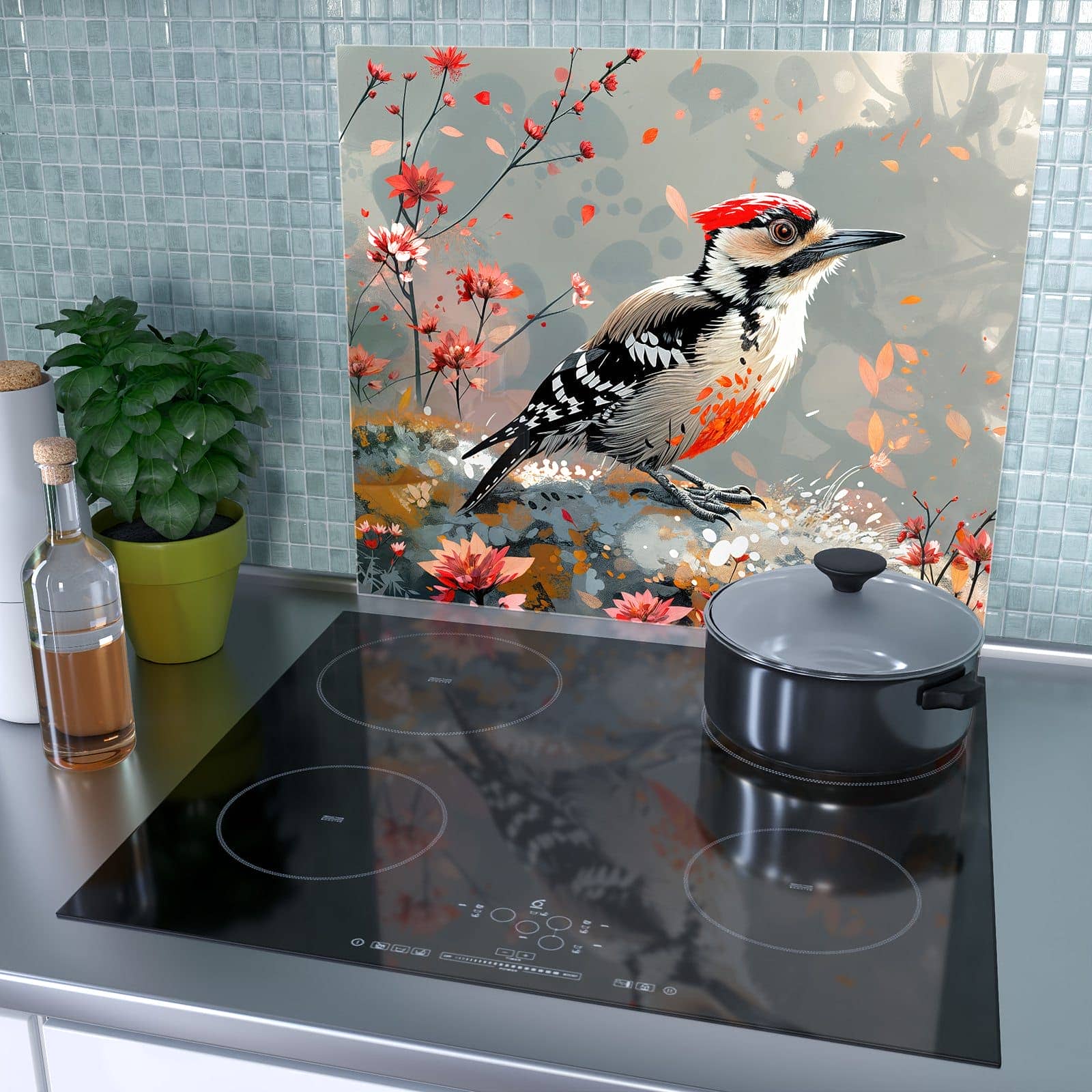 1-teilige Herdabdeckung mit Specht zwischen Blumen-Motiv als Spritzschutz hinter dem Kochfeld