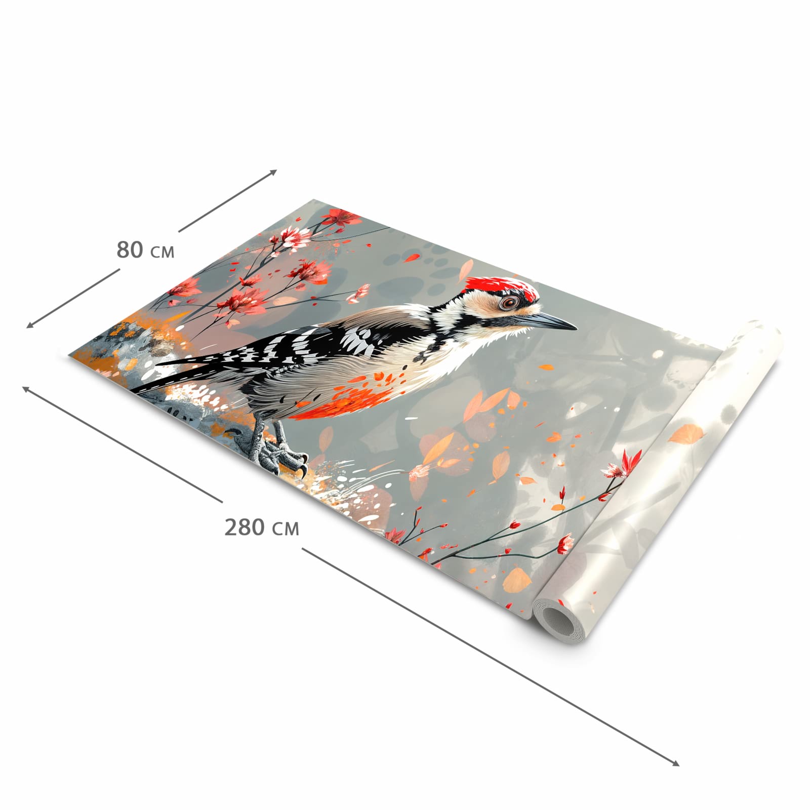 Abriebfester Läufer Küche mit Motiv Specht zwischen Blumen in der Grösse 60x90 cm