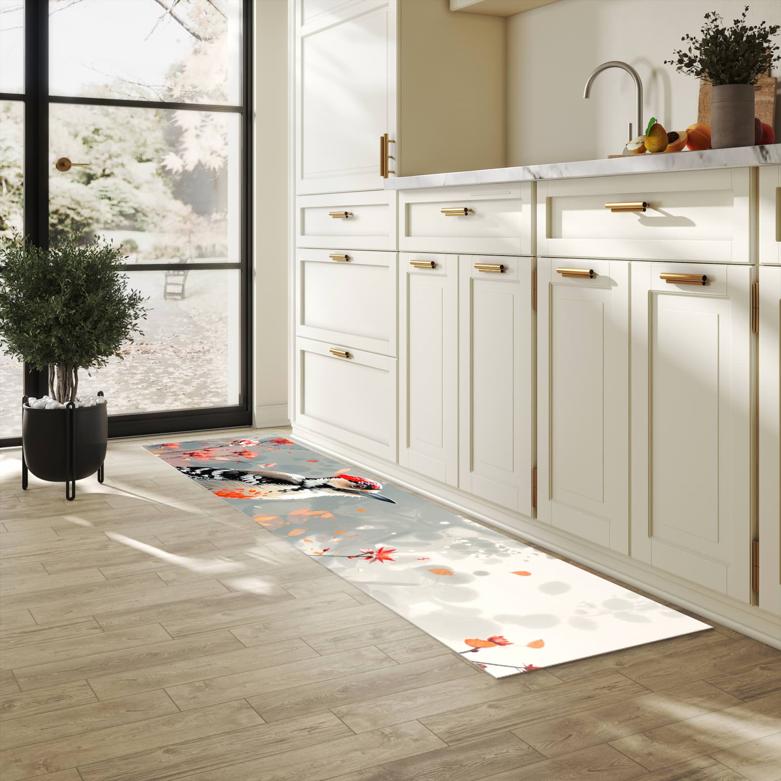 Wasserabweisender rutschfester Küchenläufer mit Motiv Specht zwischen Blumen in heller Küche