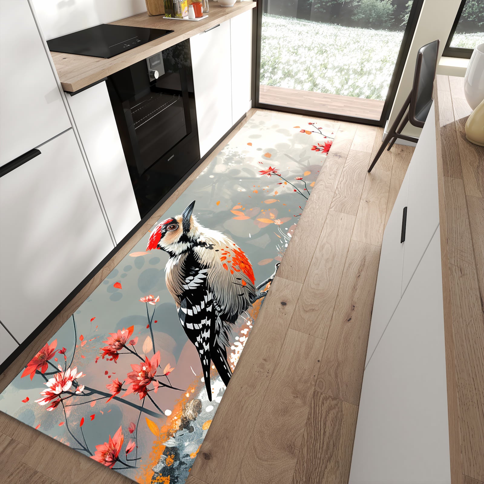 Formstabiler rutschfester Küchenläufer mit Motiv Specht zwischen Blumen in moderner Küche