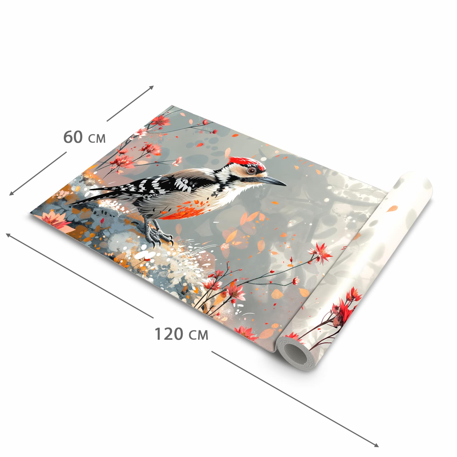 Feuchtigkeitsresistenter Küchenteppich mit Motiv Specht zwischen Blumen in der Grösse 60x90 cm