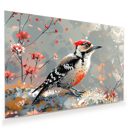 Wandbild mit dem Motiv Specht zwischen Blumen