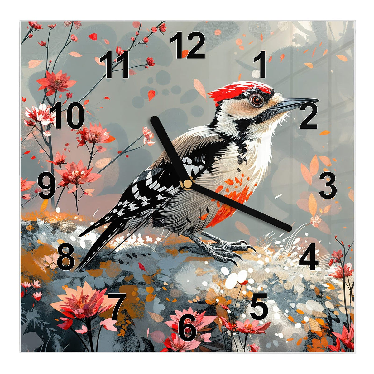 Wanduhr aus Glas, Ziffernblatt Modern mit Motiv Specht zwischen Blumen: Illustrierter Buntspecht auf Fels, umgeben von roten Blüten und Farbspritzern #ziffernblatt_Modern