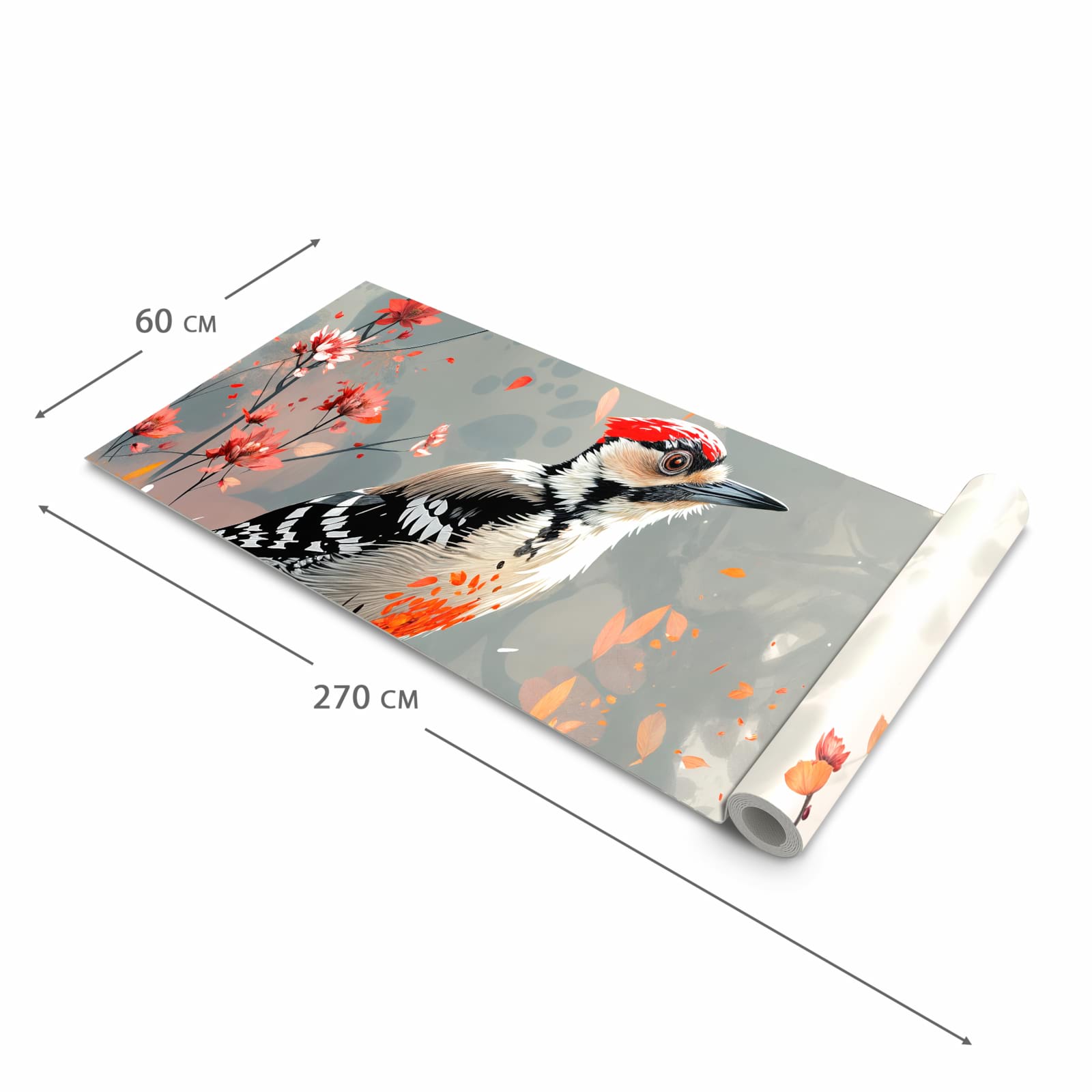 Farbbeständiger Teppich für die Küche mit Motiv Specht zwischen Blumen in der Grösse 60x90 cm