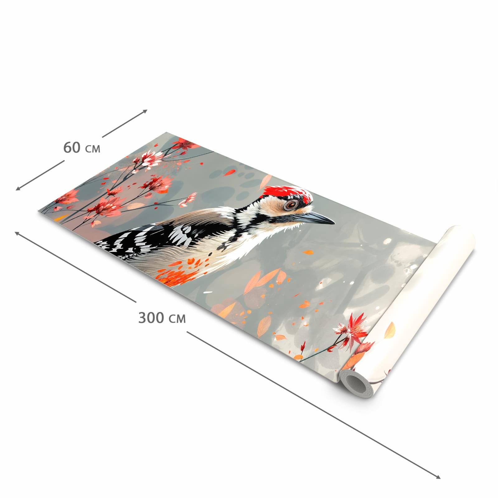 Formstabiler Küchenteppich mit Motiv Specht zwischen Blumen in der Grösse 60x90 cm
