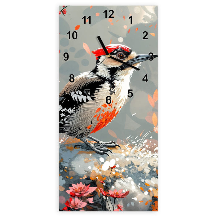 Wanduhr Specht zwischen Blumen aus Glas – Hochformat 30 × 60 cm mit Ziffernblatt Modern