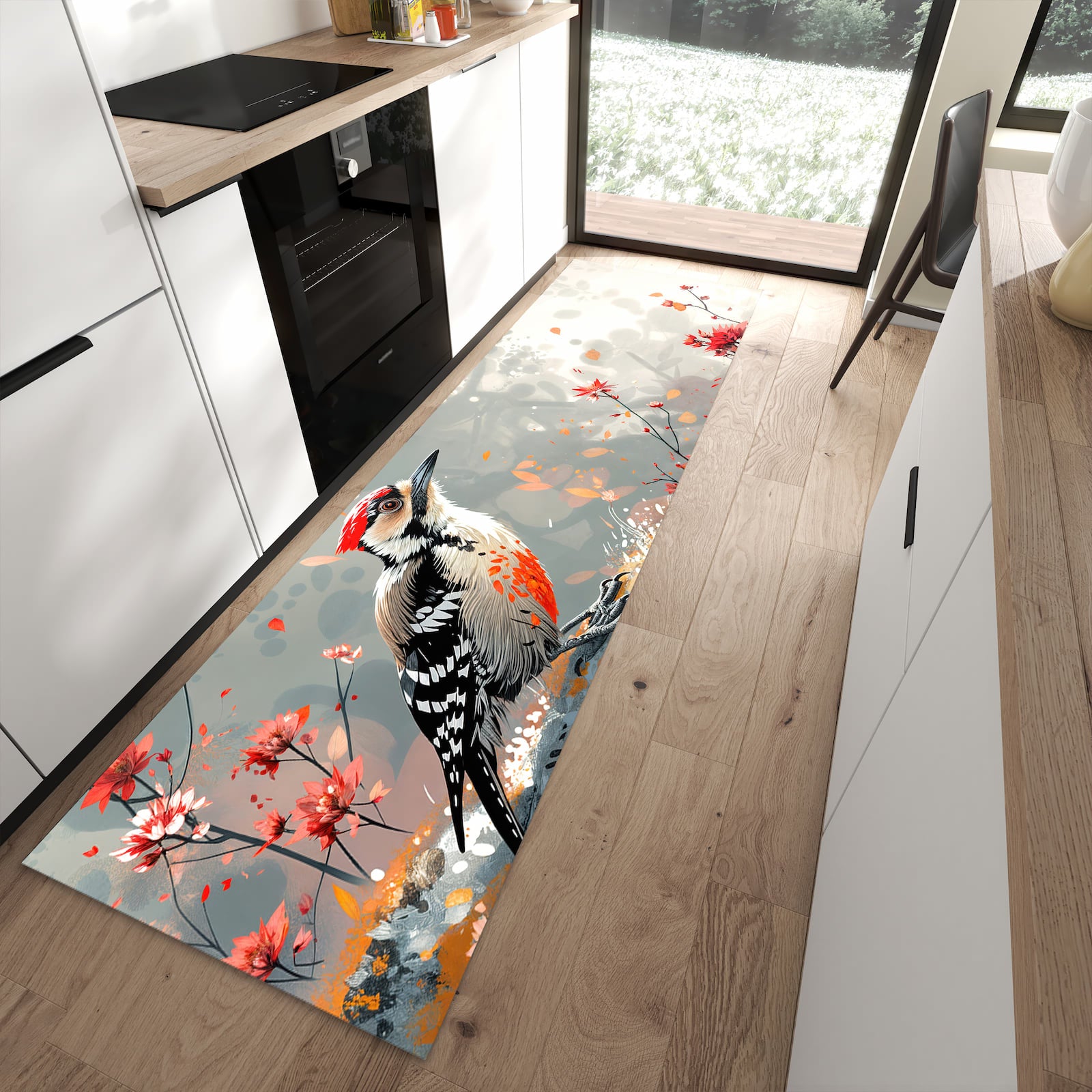 Farbbeständiger rutschfester Küchenläufer mit Motiv Specht zwischen Blumen in moderner Küche